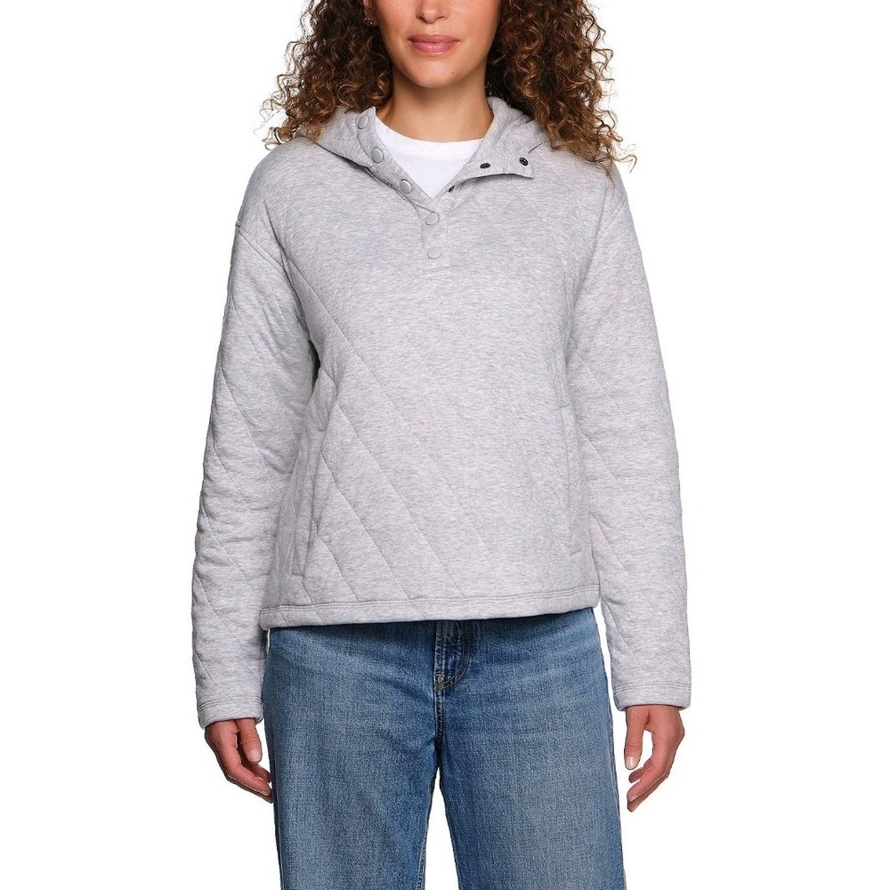 Lands' End Women Gray Quilted Snap Neck Hoodie Sweatshirt Large Cozy Pullover